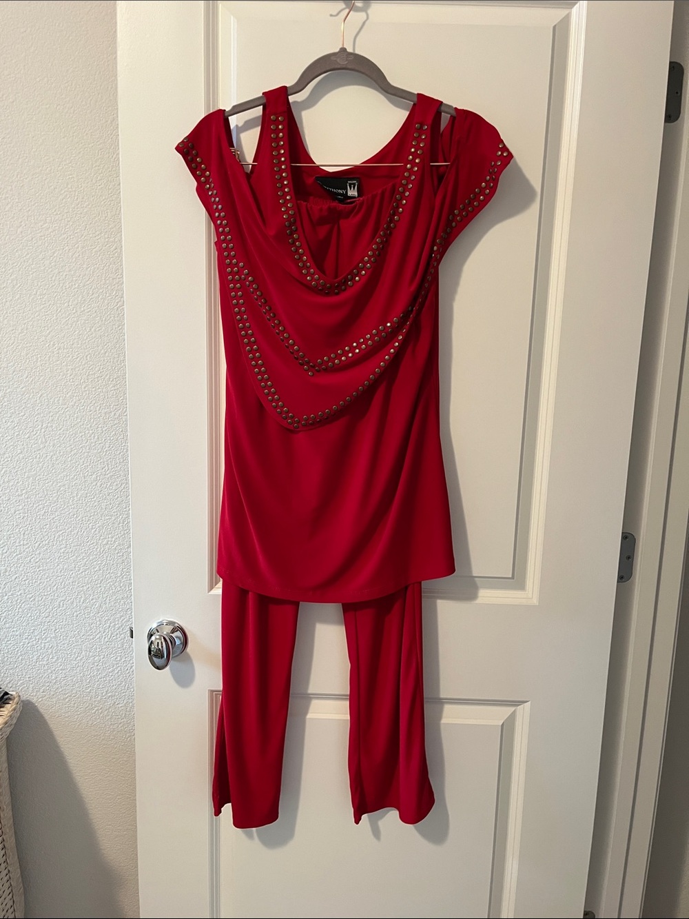 Antthony Red Studded Draped Tunic with Straight Leg Pants